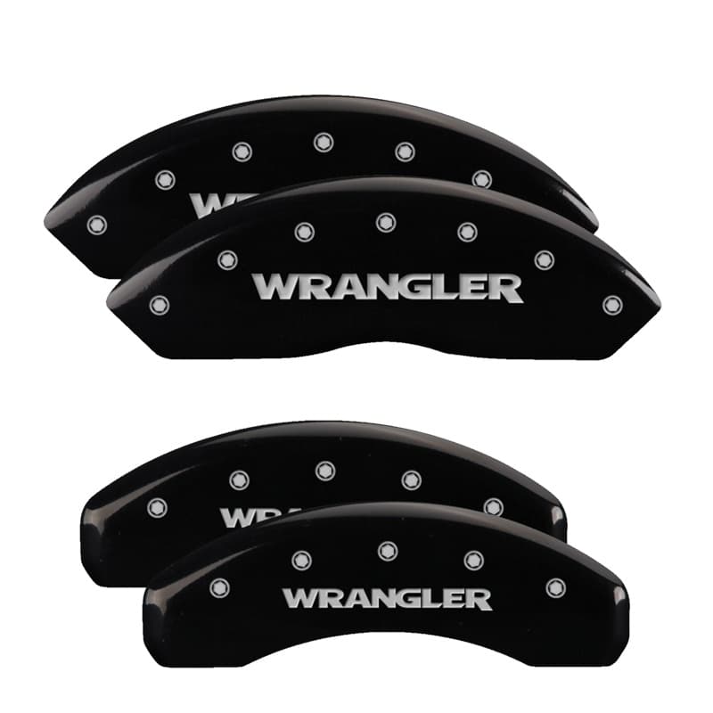 MGP Caliper Covers Set Of 4 Caliper Covers Engraved Front And Rear Wrangler Black Finish Silver Characters 2018-2024 Jeep Wrangler MGP Caliper Covers