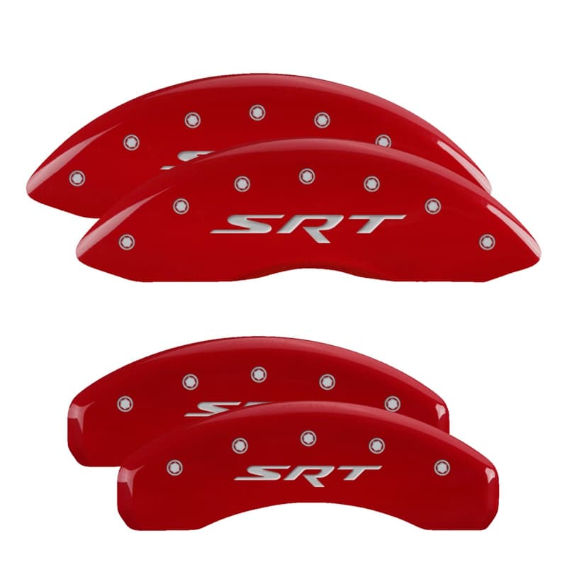 Set Of 4 Caliper Covers Engraved Front And Rear Srt Red Finish Silver Characters 2011-2011 Jeep Grand Cherokee MGP Caliper Covers