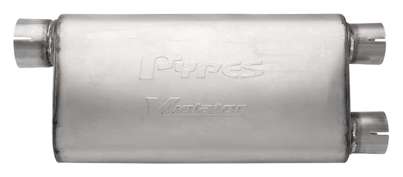 Pypes Performance exhaust Violator Series Muffler 3 in Offset Inlet/2.5 in Dual Outlet 18 in L Hardware Not Incl Natural 409 Stainless Steel Pypes Exhaust