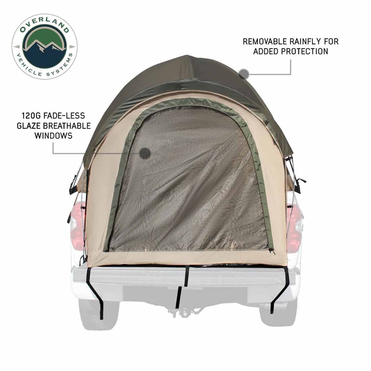 Overland Vehicle Systems LD TACT - Bed Tent Mid Size 5.0-5.2 Foot, Tan Body and Green Rainfly Overland Vehicle Systems