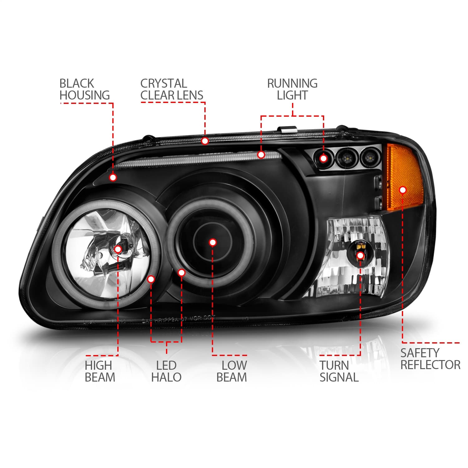 Projector Headlight Set w/Halo; Clear Lens; Black Housing; RX Halo; w/LED Parking/Projector/Halo; Pair; product image