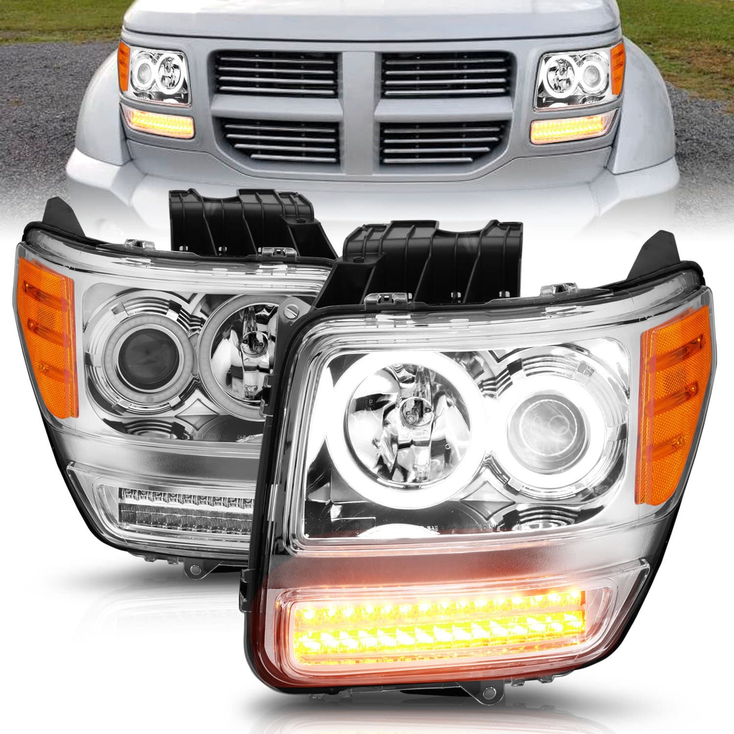 ANZO USA Projector Headlight Set w/Halo; Clear Lens; Chrome Housing; G2; RX Halo; w/LED Turn Signal/Parking/Projector/Halo; Pair;