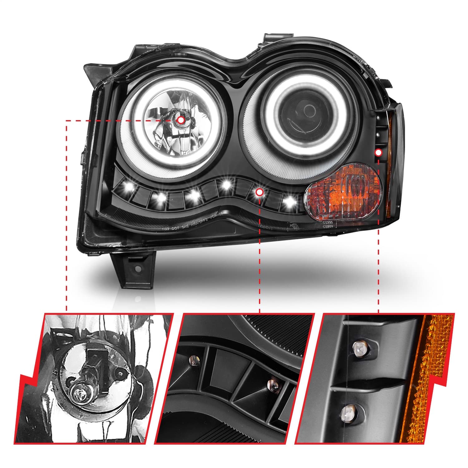 Projector Headlight Set w/Halo; Clear Lens; Black Housing; RX Halo; w/LED Parking/Projector/Halo; Pair; product image