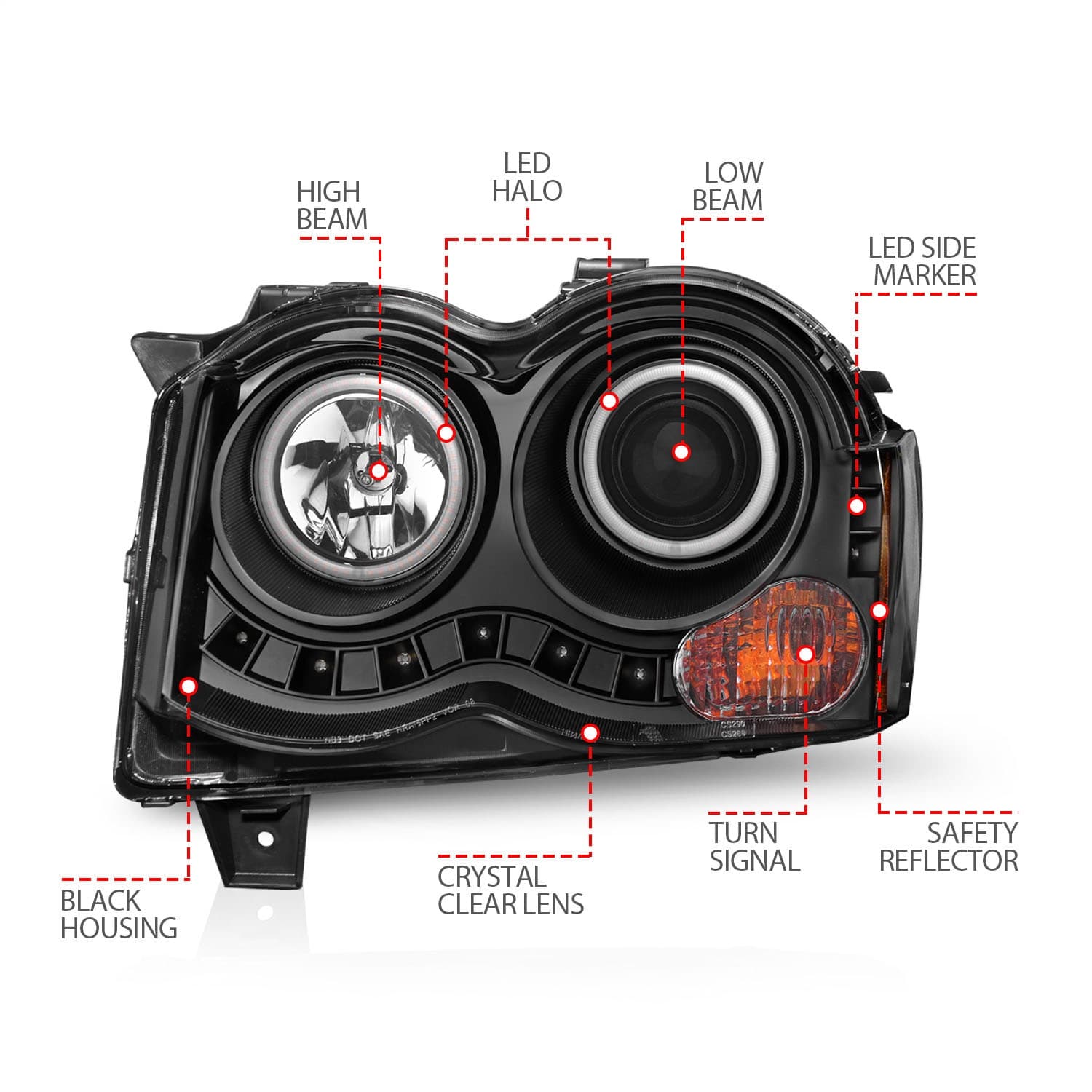 Projector Headlight Set w/Halo; Clear Lens; Black Housing; RX Halo; w/LED Parking/Projector/Halo; Pair; product image