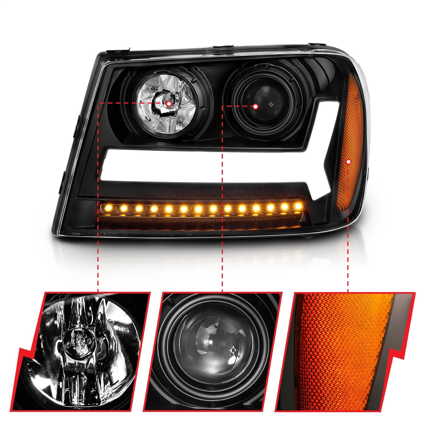 0609 TRAILBLAZER PROJECTOR HEADLIGHTS W/PLANK STYLE DESIGN BLACK W/AMBER product image