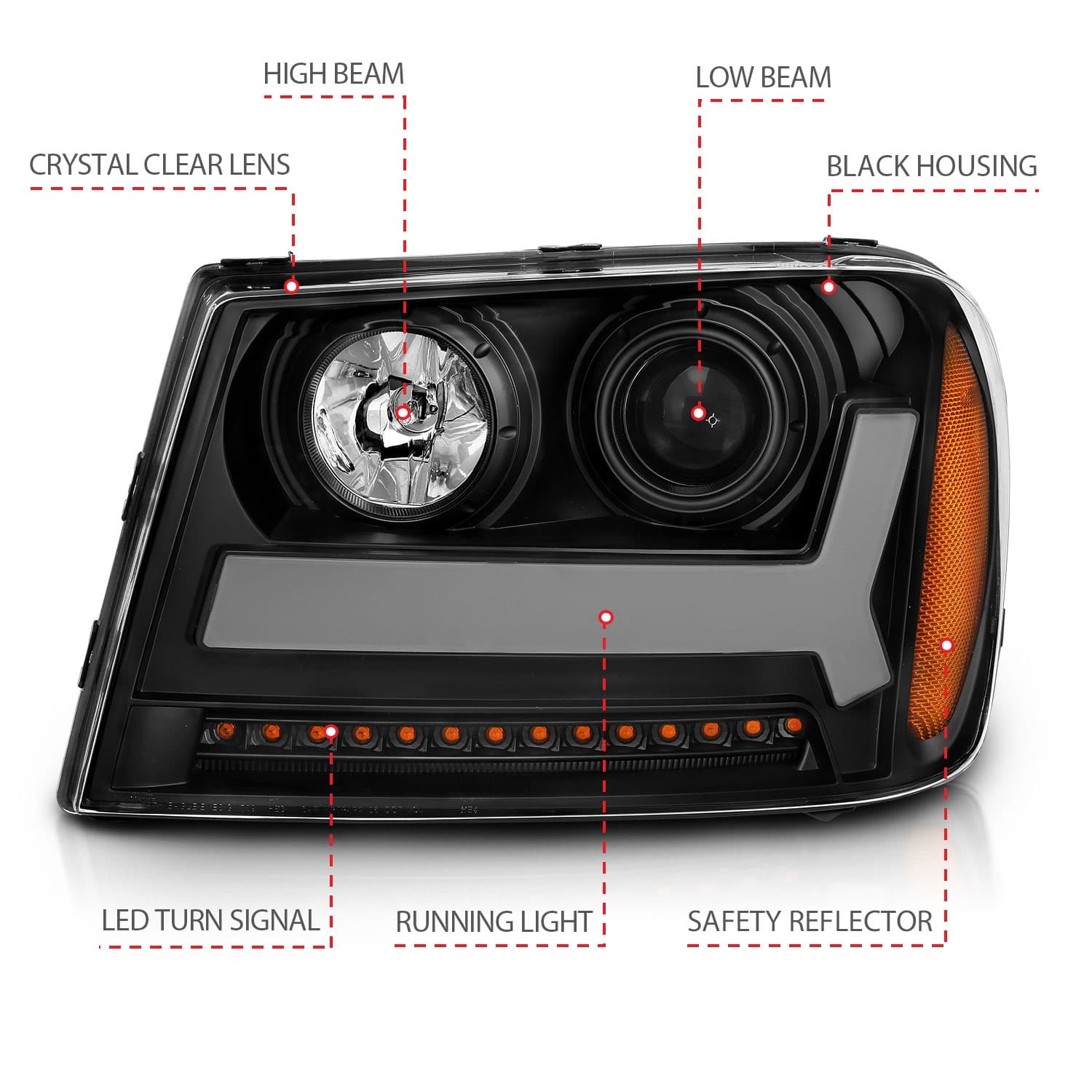 0609 TRAILBLAZER PROJECTOR HEADLIGHTS W/PLANK STYLE DESIGN BLACK W/AMBER product image