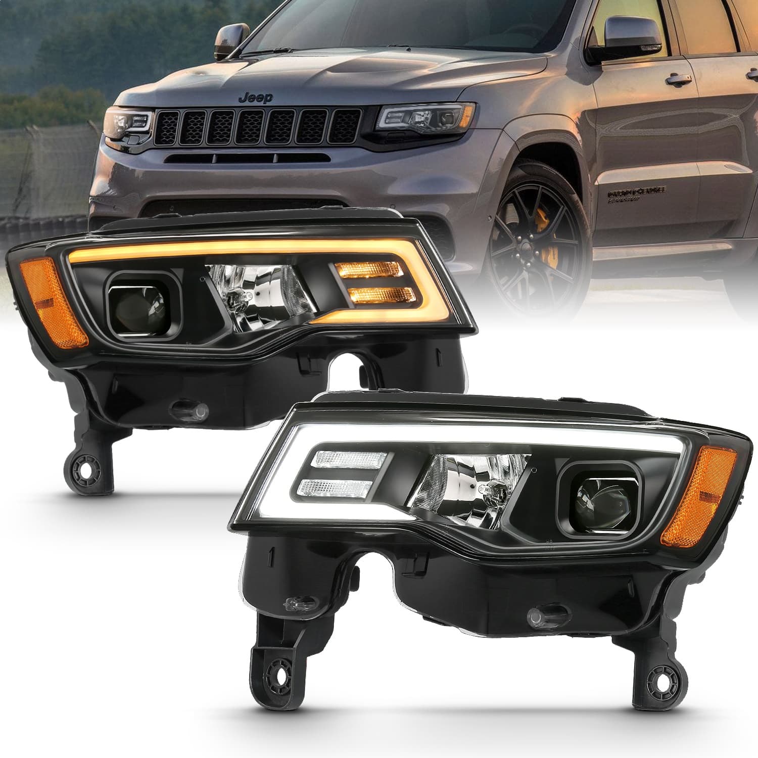 Projector Headlight Set; w/Plank Style Switchback; Black w/Amber; Pair; product image