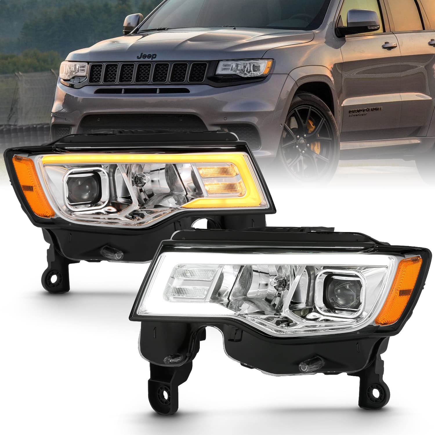 Projector Headlight Set; w/Plank Style Switchback; Chrome w/Amber; Pair; product image