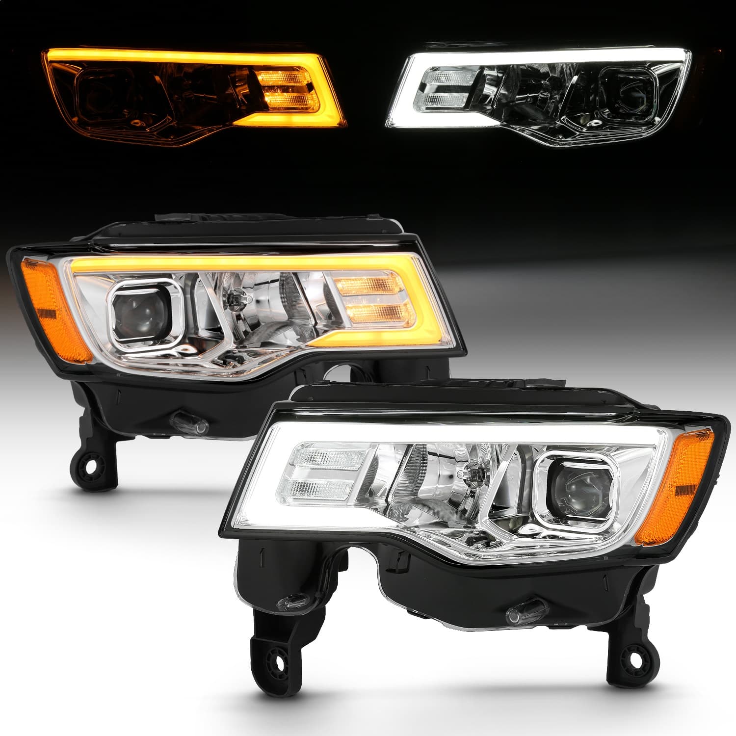 Projector Headlight Set; w/Plank Style Switchback; Chrome w/Amber; Pair; product image