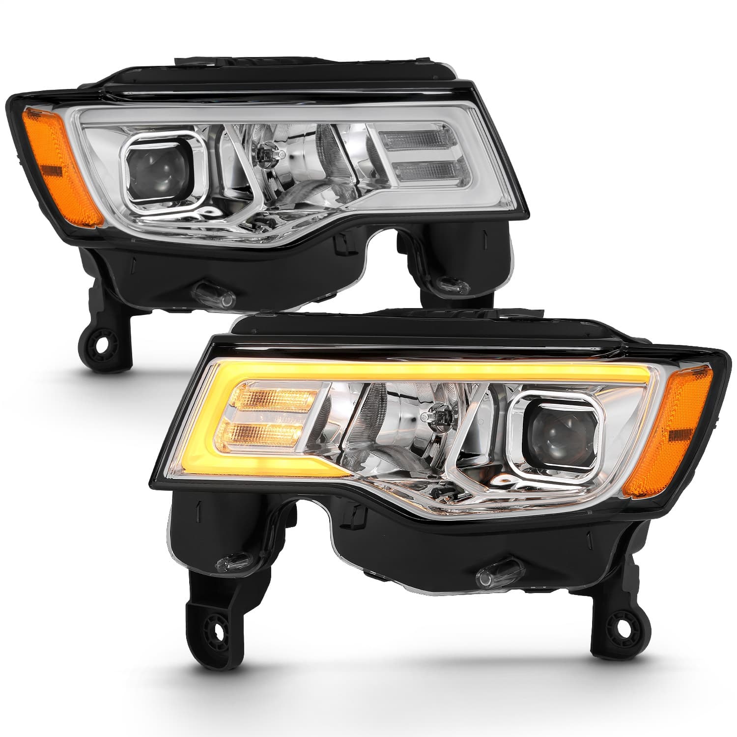 Projector Headlight Set; w/Plank Style Switchback; Chrome w/Amber; Pair; product image