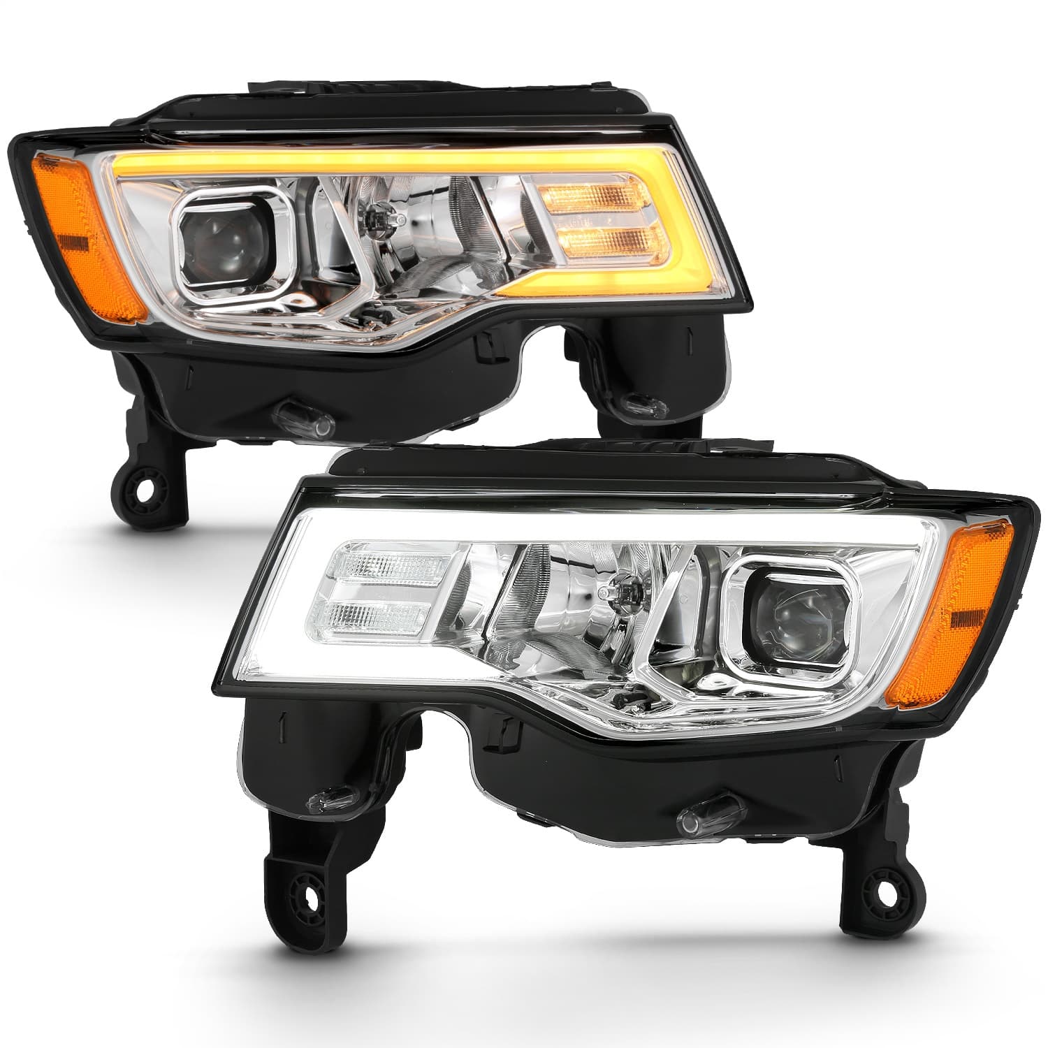 Projector Headlight Set; w/Plank Style Switchback; Chrome w/Amber; Pair; product image