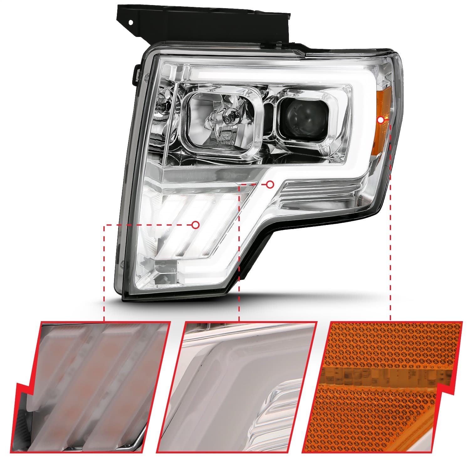 Projector Headlight Set w/Halo; w/Switchback; G4; Chrome w/Amber; Pair; product image