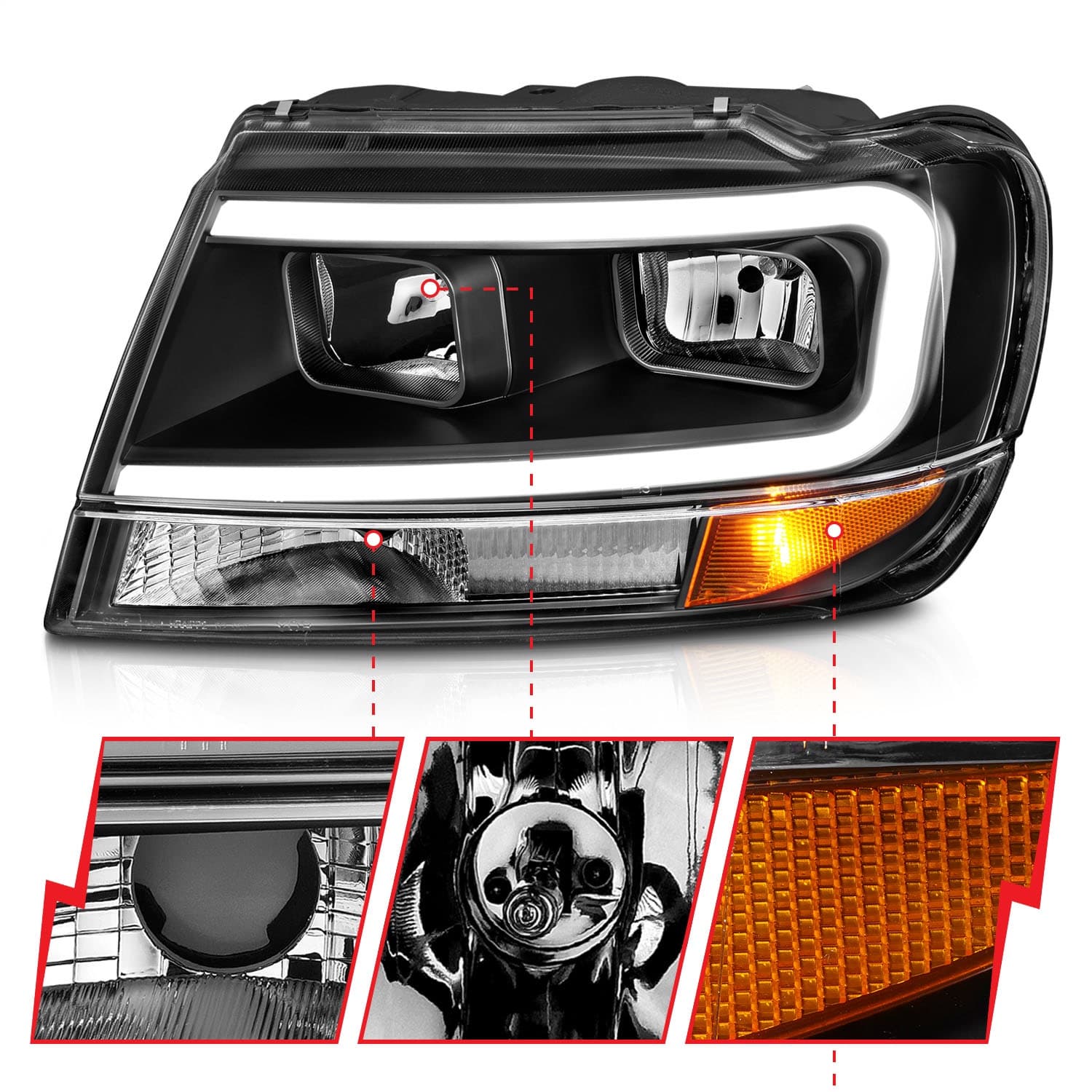 CRYSTAL HEADLIGHTS W LIGHT BAR BLACK HOUSING JEEP GRAND CHEROKEE 1999-2004 product image
