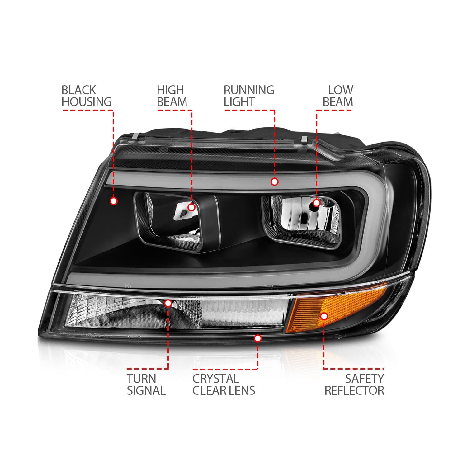 CRYSTAL HEADLIGHTS W LIGHT BAR BLACK HOUSING JEEP GRAND CHEROKEE 1999-2004 product image