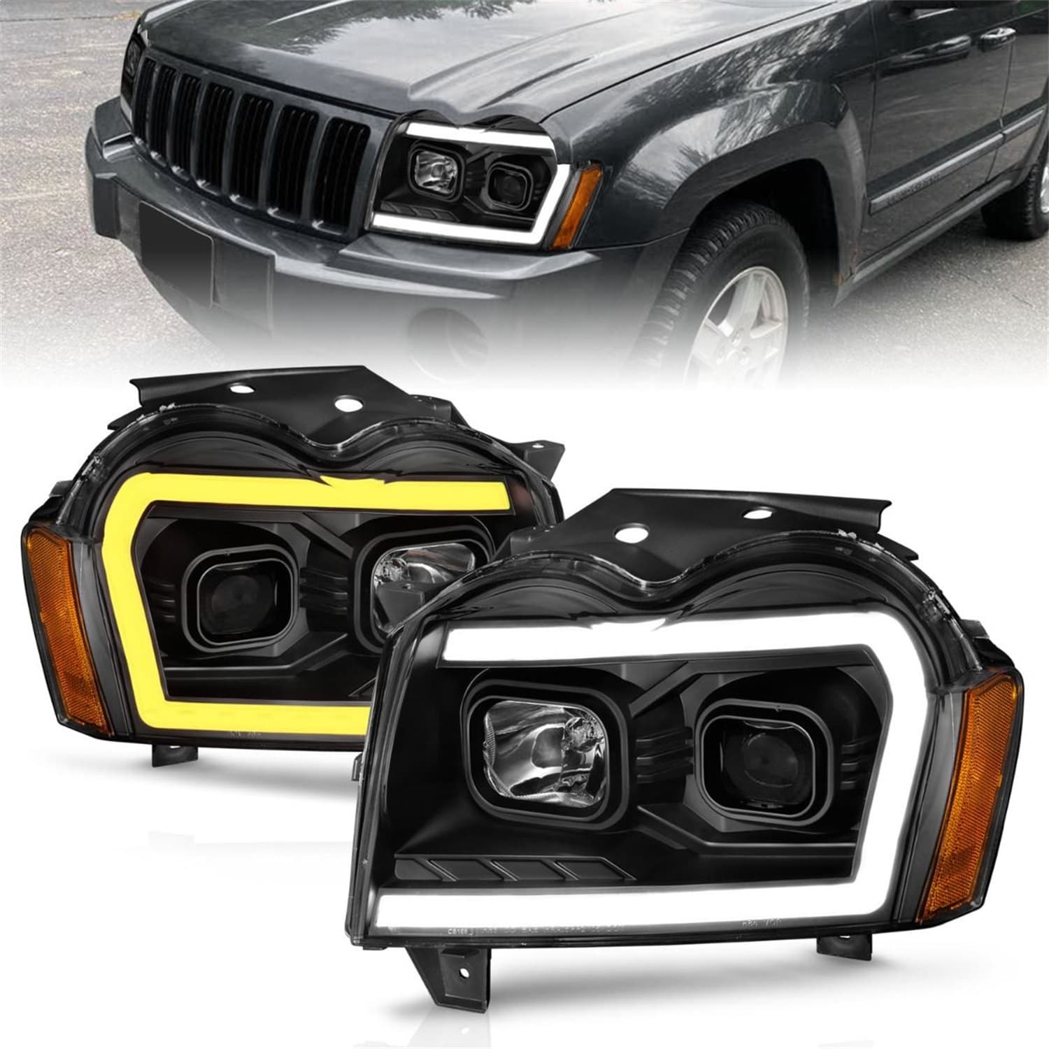 PROJECTOR HEADLIGHTS W LIGHT BAR SWITCHBACK BLACK HOUSING JEEP GRAND CHEROKEE 2005-2007 product image