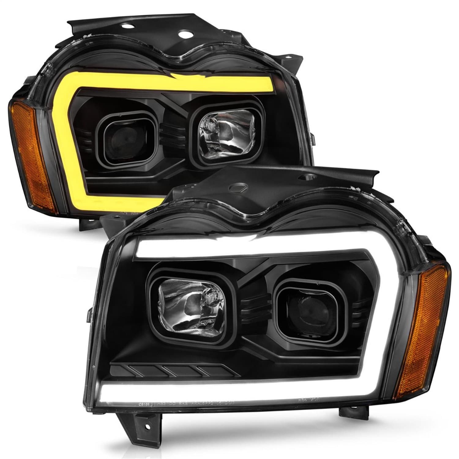PROJECTOR HEADLIGHTS W LIGHT BAR SWITCHBACK BLACK HOUSING JEEP GRAND CHEROKEE 2005-2007 product image