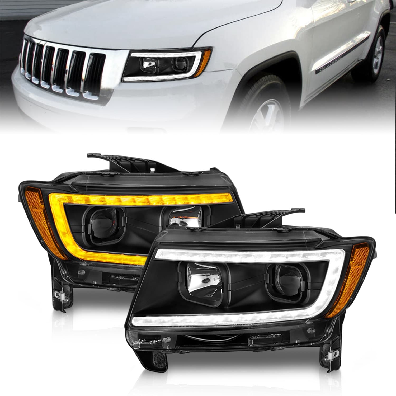 Projector Headlight Set; Clear Lens; Black Housing; w/Light Bar Switchback; Pair; product image