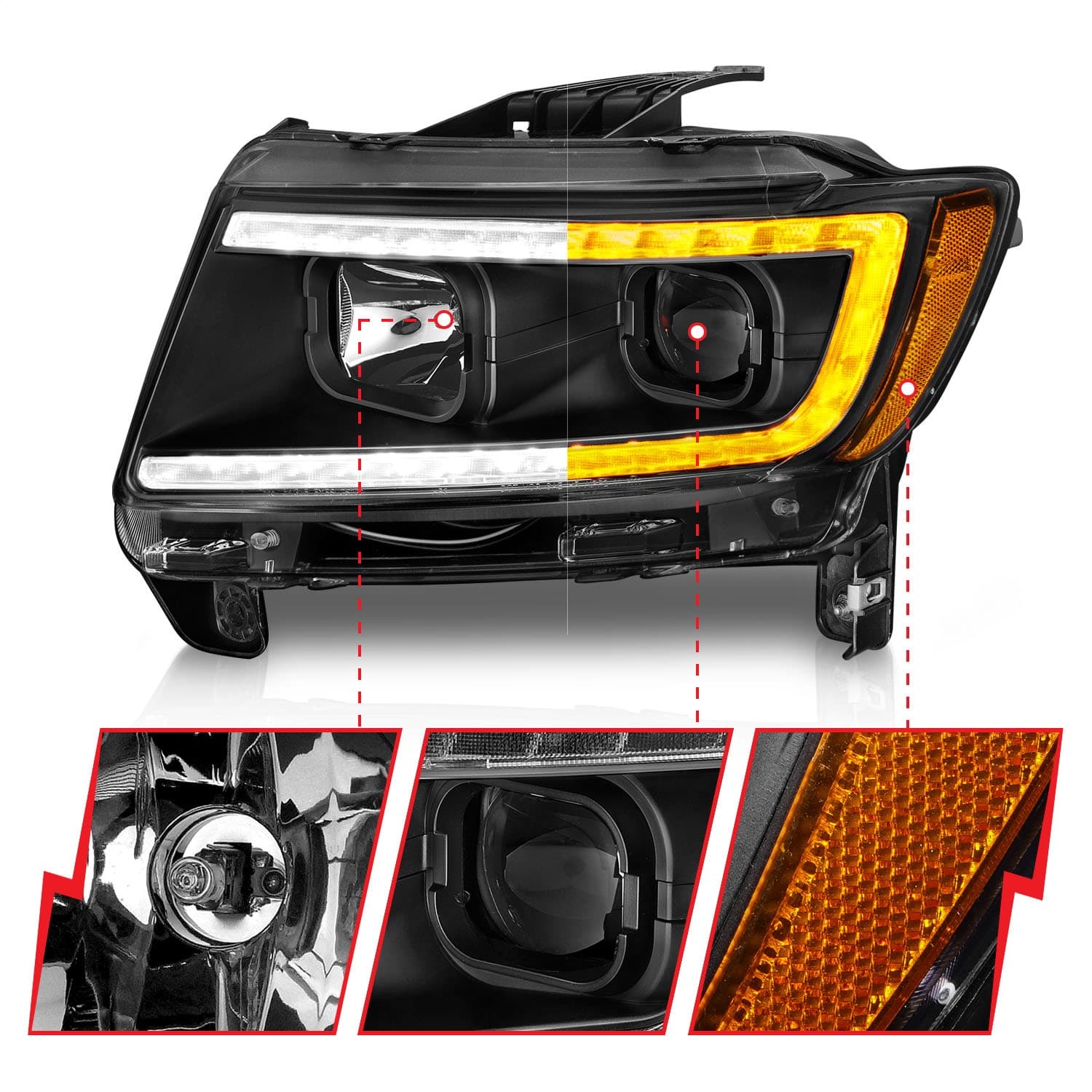 Projector Headlight Set; Clear Lens; Black Housing; w/Light Bar Switchback; Pair; product image