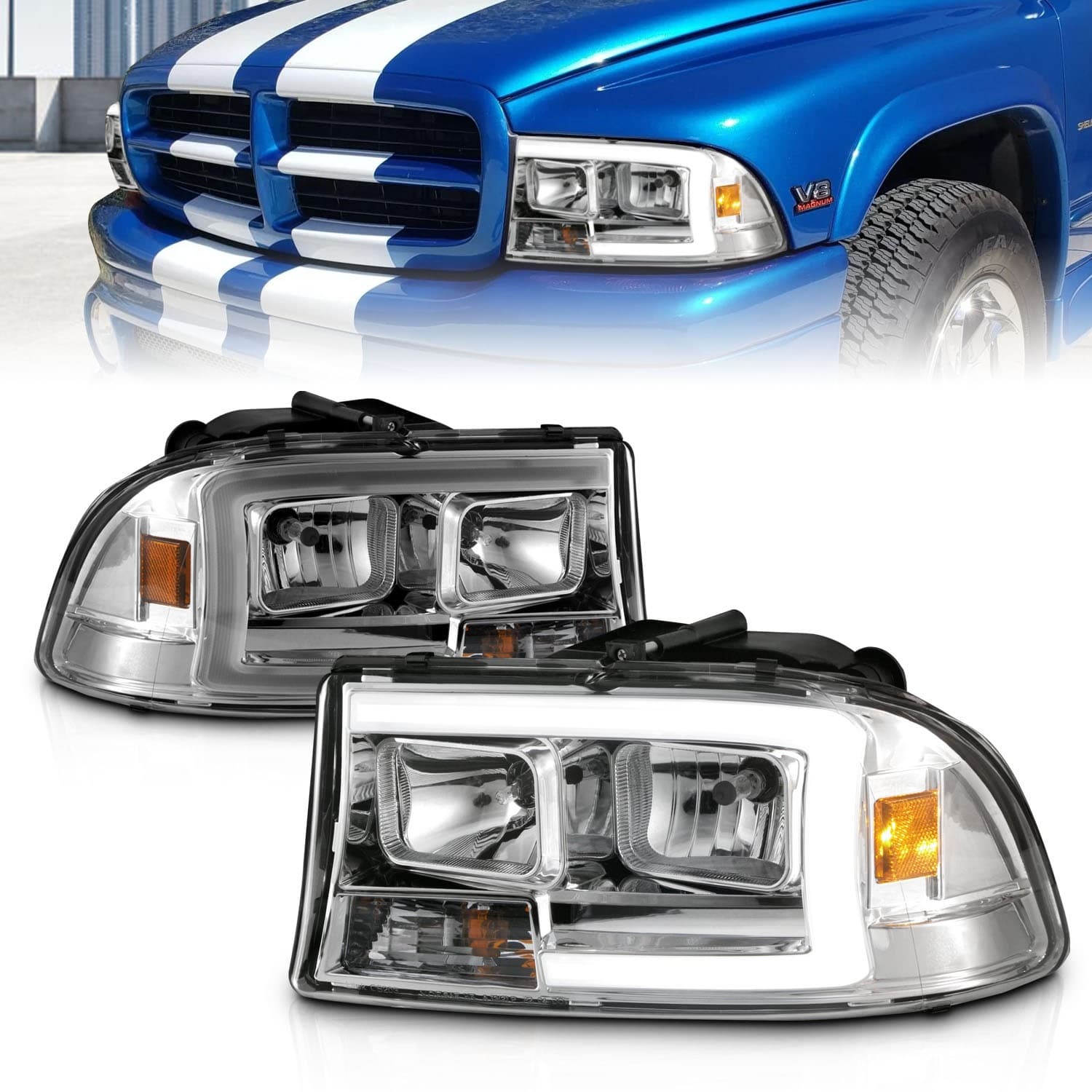 ANZO USA Crystal Headlight Set; Clear Lens; Chrome Housing; w/Light Bar; Pair;