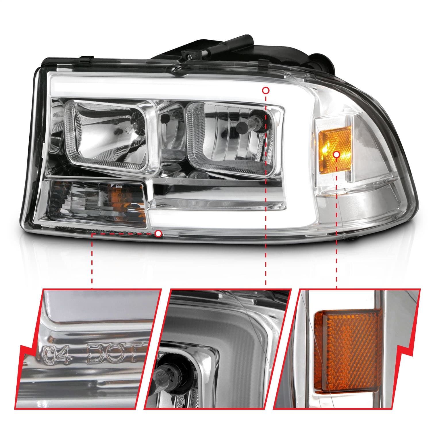 Crystal Headlight Set; Clear Lens; Chrome Housing; w/Light Bar; Pair; product image