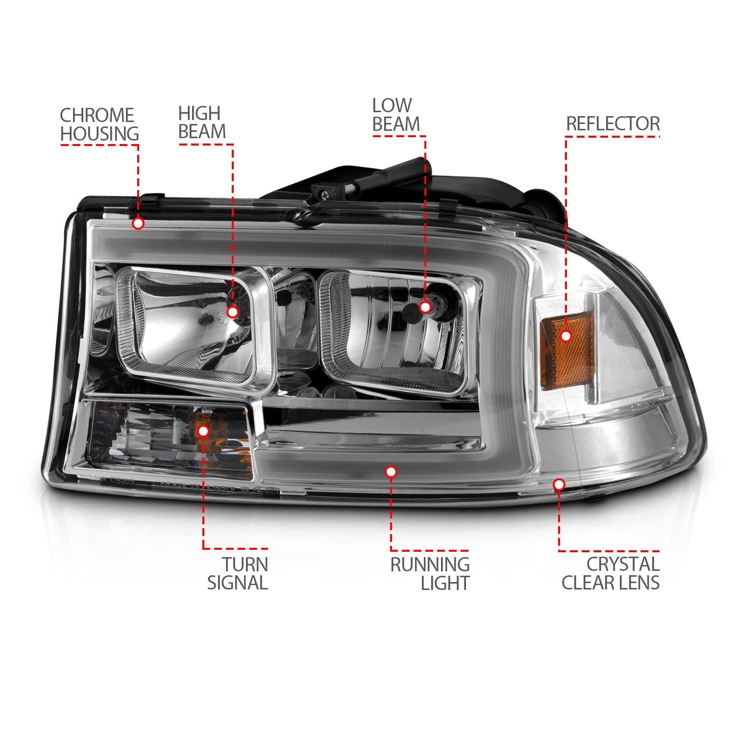 Crystal Headlight Set; Clear Lens; Chrome Housing; w/Light Bar; Pair; product image