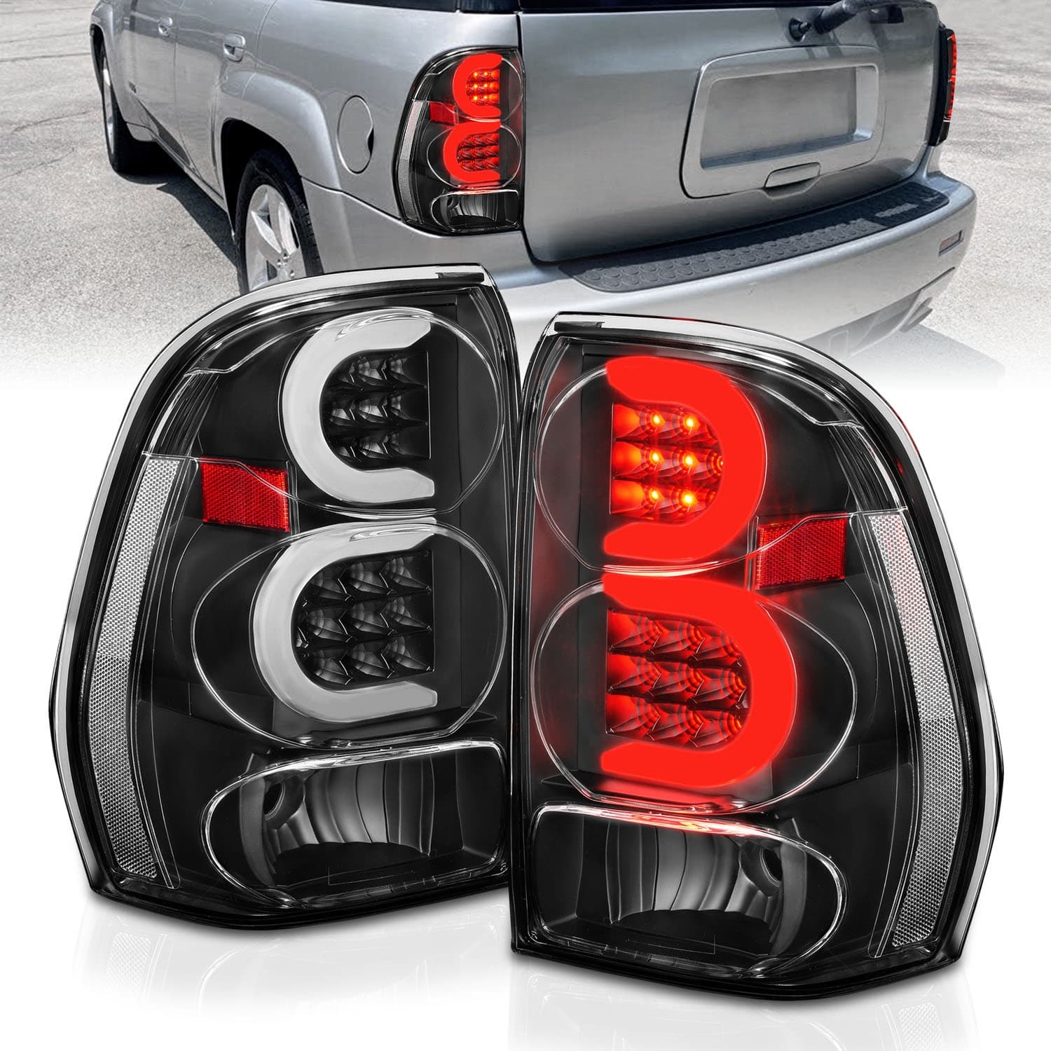 ANZO USA LED Tail Light Assembly; LED; Clear Lens; Black Housing; w/Light Bar; Pair;