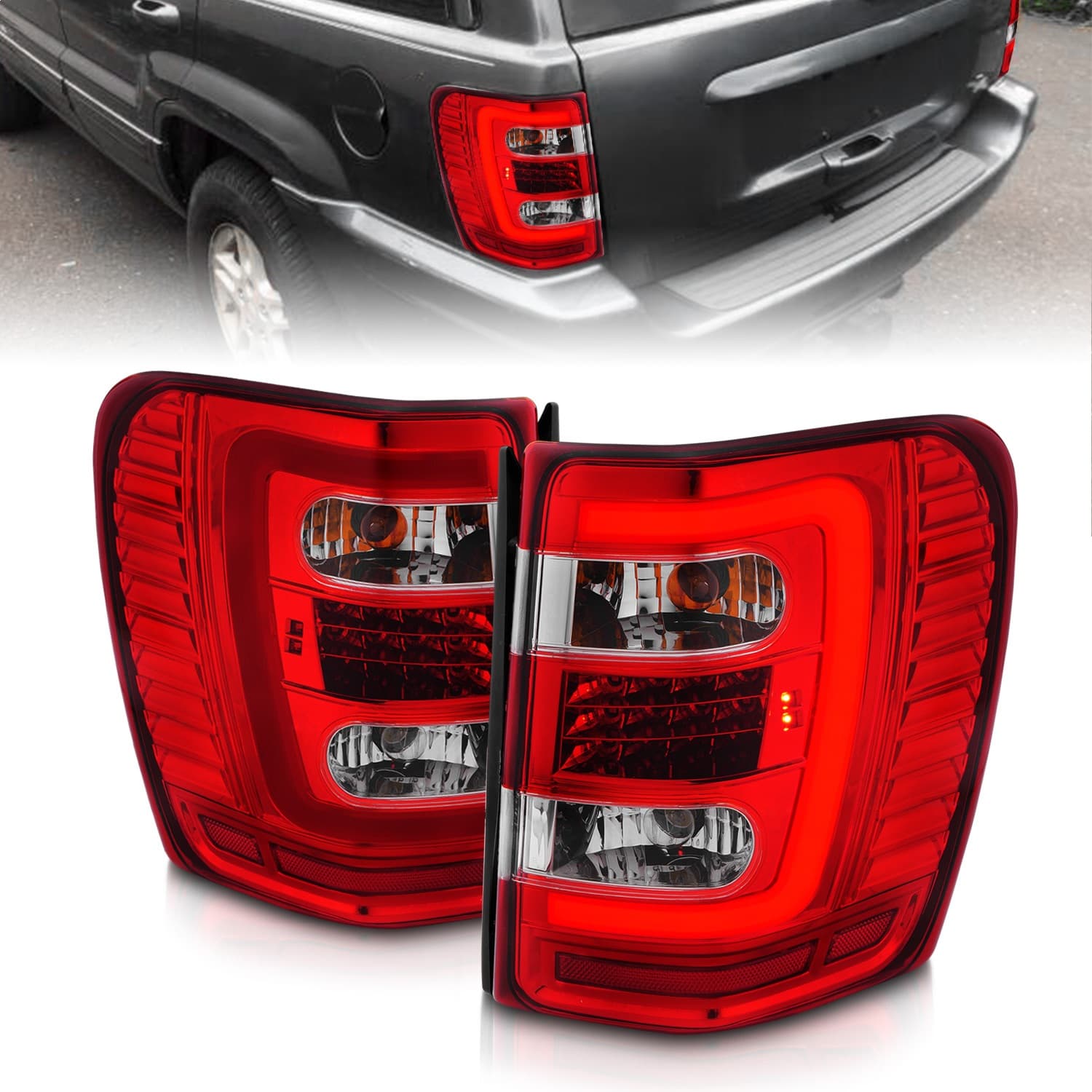 LED TAIL LIGHTS W LIGHT BAR CHROME HOUSING RED CLEAR LENS JEEP GRAND CHEROKEE 1999-2004 product image