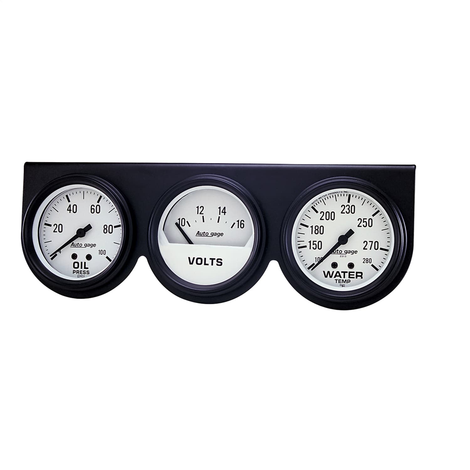 AutoMeter 2328 GAUGE CONSOLE, OILP/WTMP/VOLT, 2 5/8, 100PSI/280?F/16V, WHT DIAL, BLK BZL, AG product image