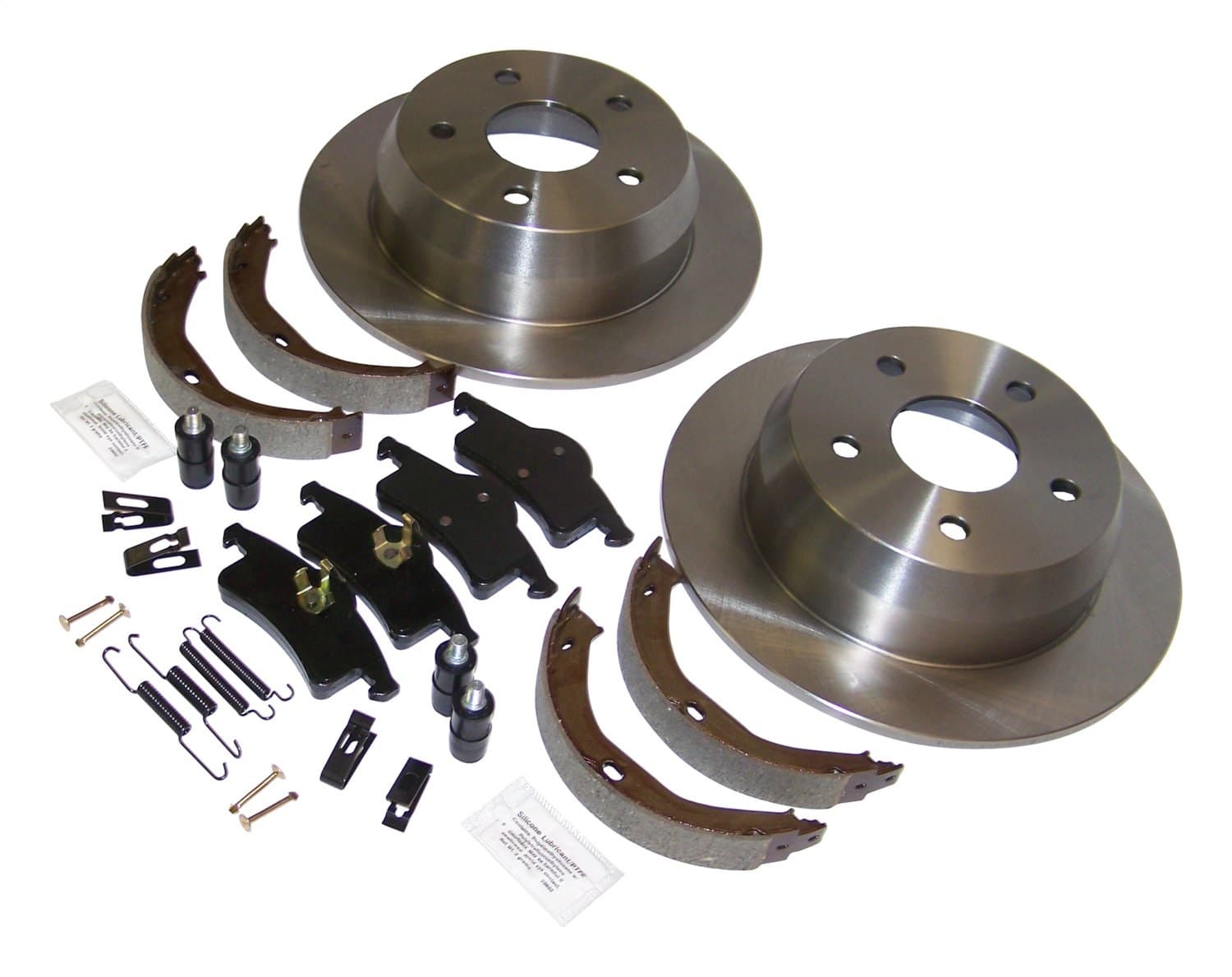 Disc Brake Service Kit; Rear; Incl. 2 Rotors/1 Pad Set/1 Parking Brake Shoe Set/All Necessary Hardware; product image