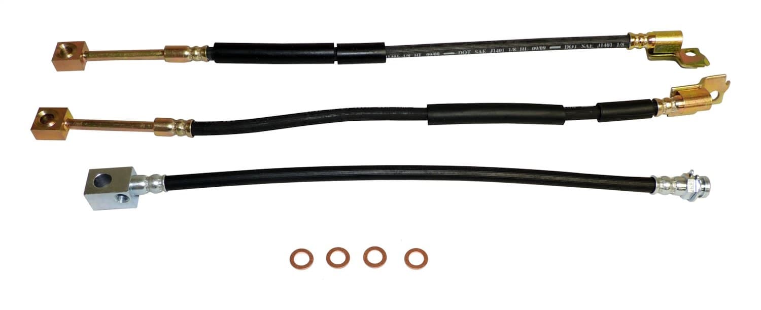 BLACKSILVERCOPPER BRAKE HOSE KIT INCLUDES LEFT AND RIGHT FRONT HOSES REAR HOSE TO AXLE, AND 4 BRAKE HOSE WASHERS product image