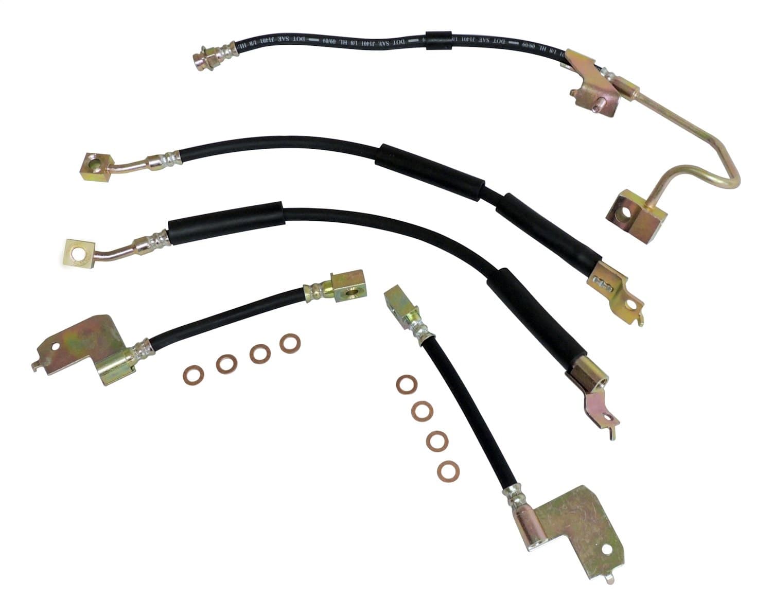 BLACKSILVERCOPPER BRAKE HOSE KIT W/ REAR DISC BRAKES;INCLUDES LEFT AND RIGHT FRONT AND REAR HOSES, REAR HOSE TO AXLE, AND 8 BRAKE HOSE WASHERS product image