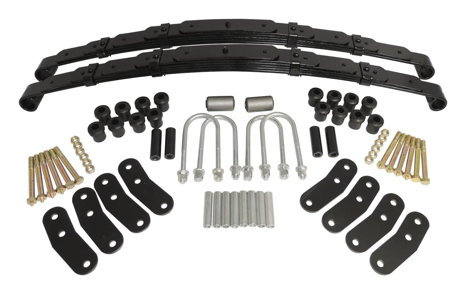BLACK LEAF SPRING KIT REAR LEAF SPRING KIT;INCLUDES HEAVY DUTY REAR LEAF SPRINGS, PIVOT BUSHINGS, U-BOLTS, AND A SET OF 4 RT OFF-ROAD SHACKLES;DESIGNED TO LIFT THE VEHICLE 1-1.5" product image
