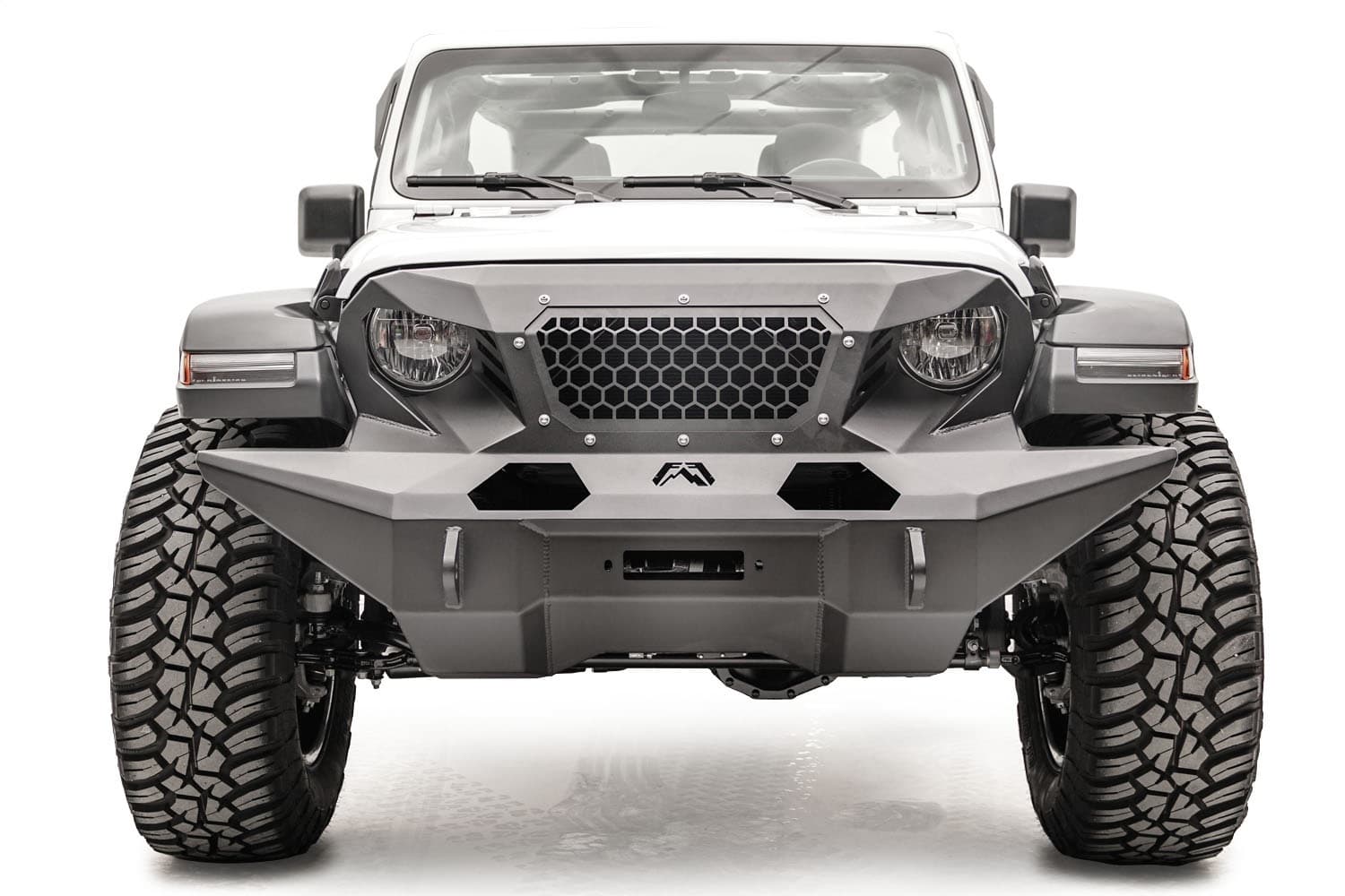 Fab Fours Full Width Grumper; 20 In. Light Bar w/Optional Insert; 11 gauge Steel Construction; 2 Stage Matte Black Powder Coat;
