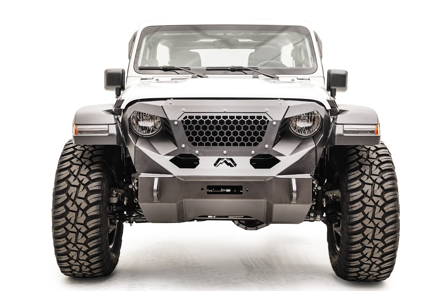 Fab Fours Grumper Front Bumper; 20 In. Light Bar w/Optional Insert; 11 gauge Steel Construction; 2 Stage Matte Black Powder Coat;