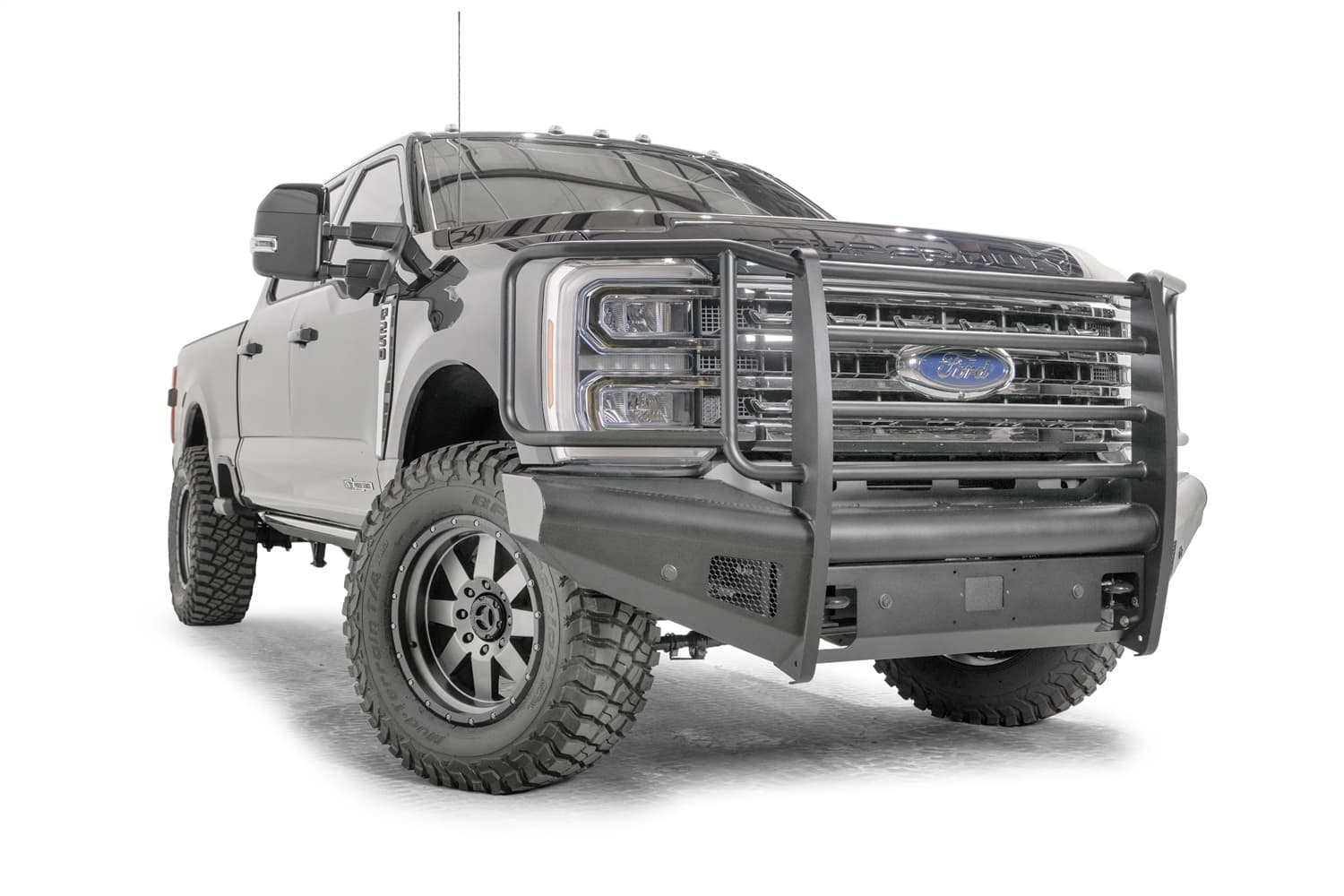 Elite Front Bumper; Black Steel; w/Full Grill Guard; Sensor Compatible; Black Matte; product image