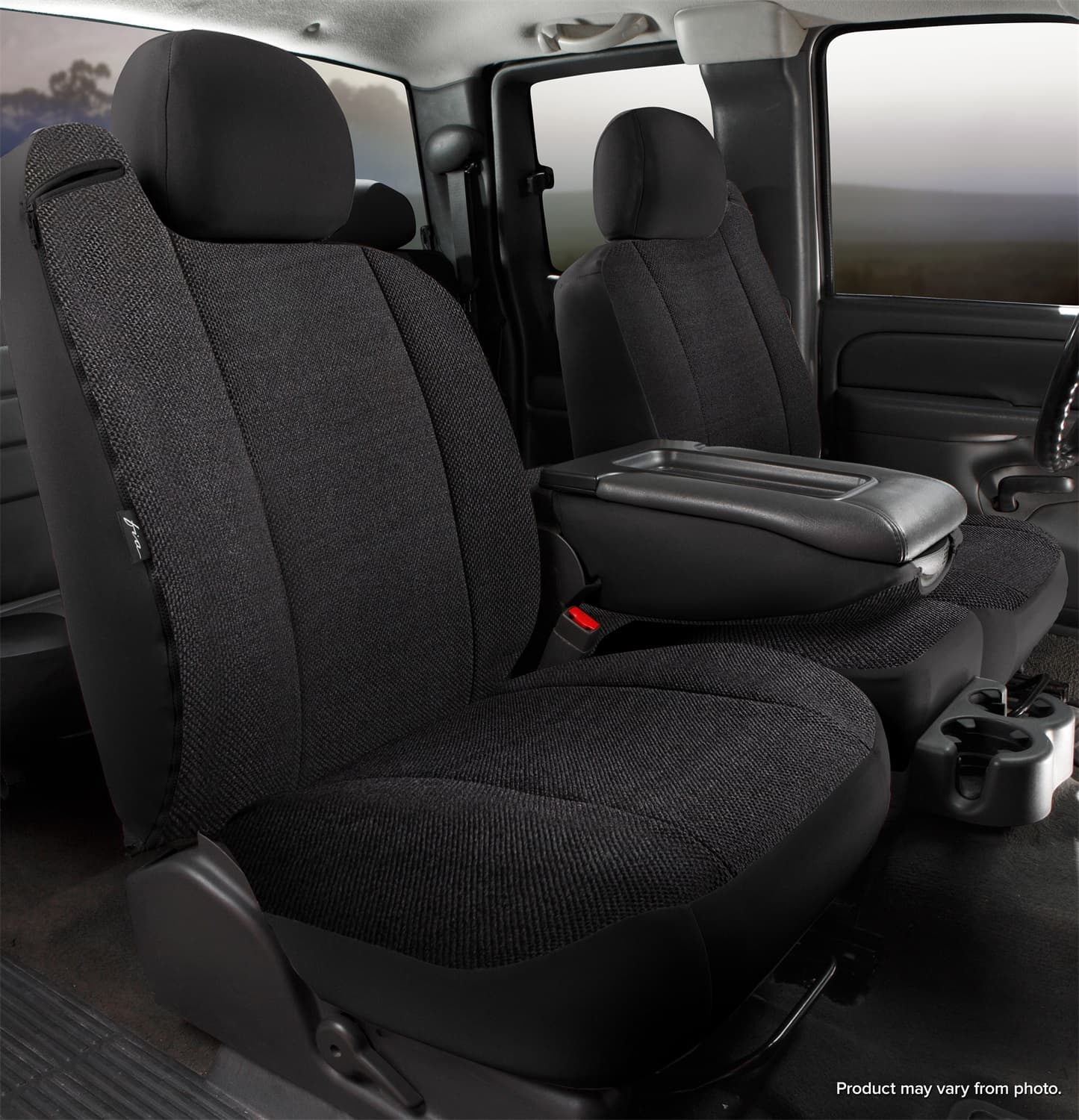 Wranglerâ„¢ Solid Seat Cover; Saddle Blanket; Black; Split Seat; 40/20/40; Built In Seat Belts; Side Airbags; w/Upper/Lower Center Storage Compartments; Non-Removable Headrests; product image