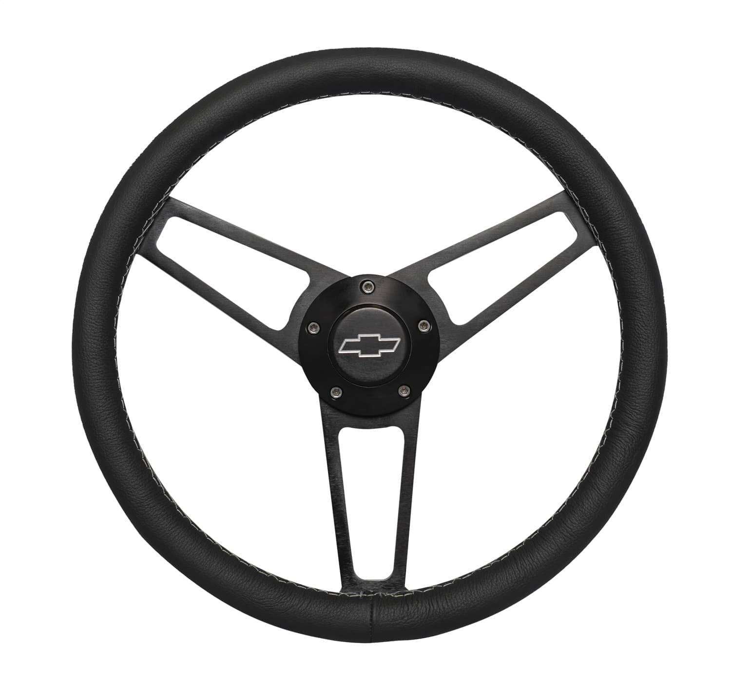 Billet Series Leather Wheel and Installation Kit; Chevrolet Logo; Includes Billet Steering Wheel/OEM Center Cap/Install Kit PN[5163] Black; product image
