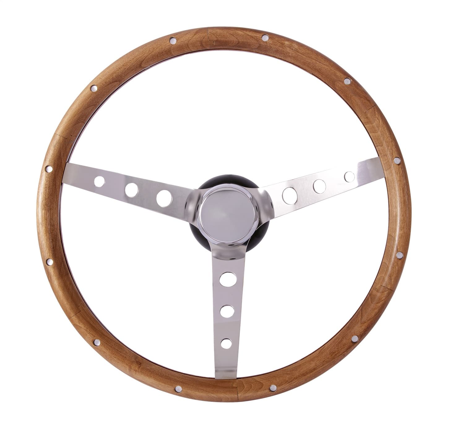 Classic Wood Steering Wheel; 15 in. Diameter; 4 1/8 in. Dish; Walnut Finish w/Anodized Aluminum Rivets; Chrome 3-Spoke Design; product image