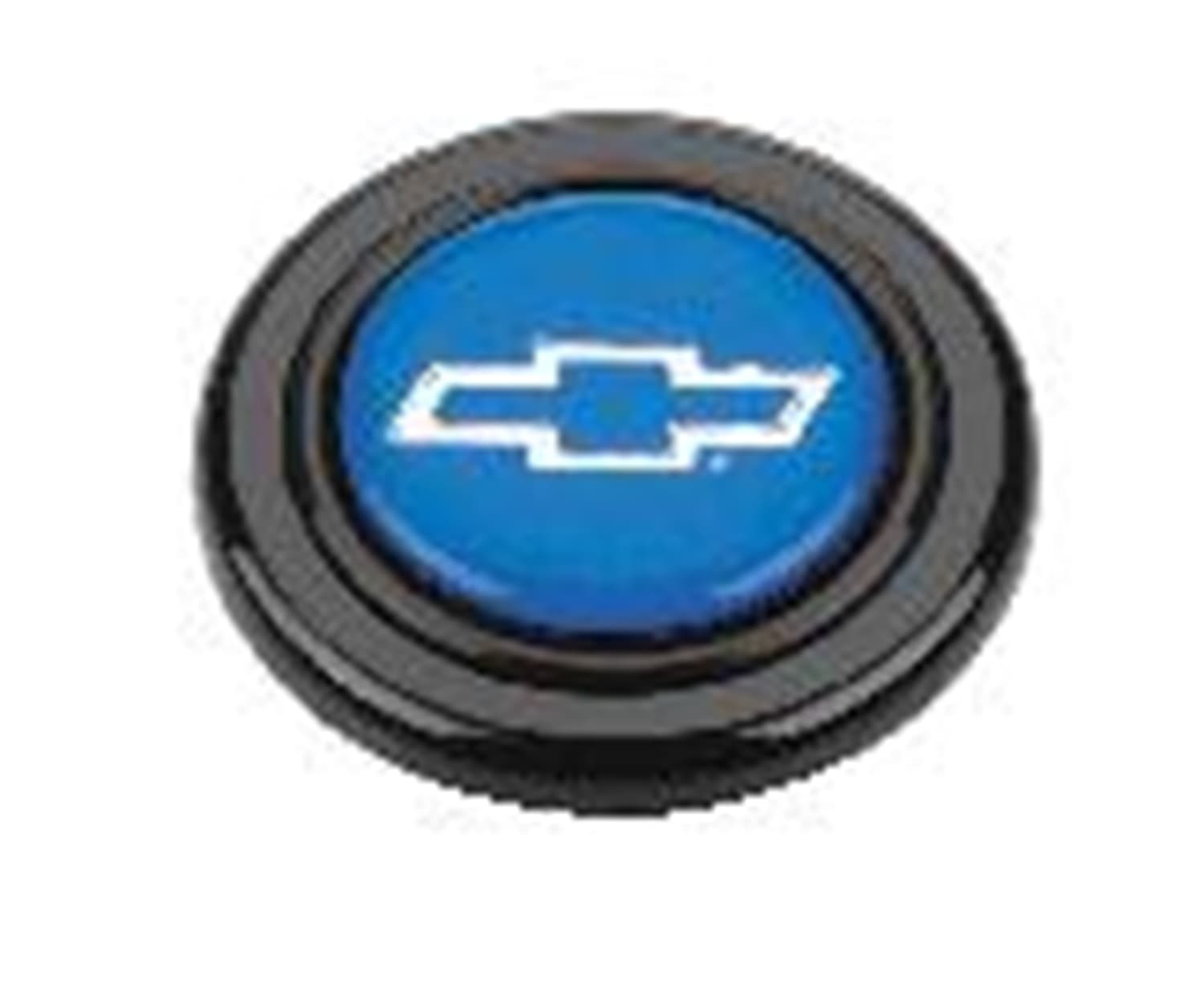 GM Licensed Horn Button; Black Plastic; Chevrolet®; Blue/Silver; Signature Wheels; product image