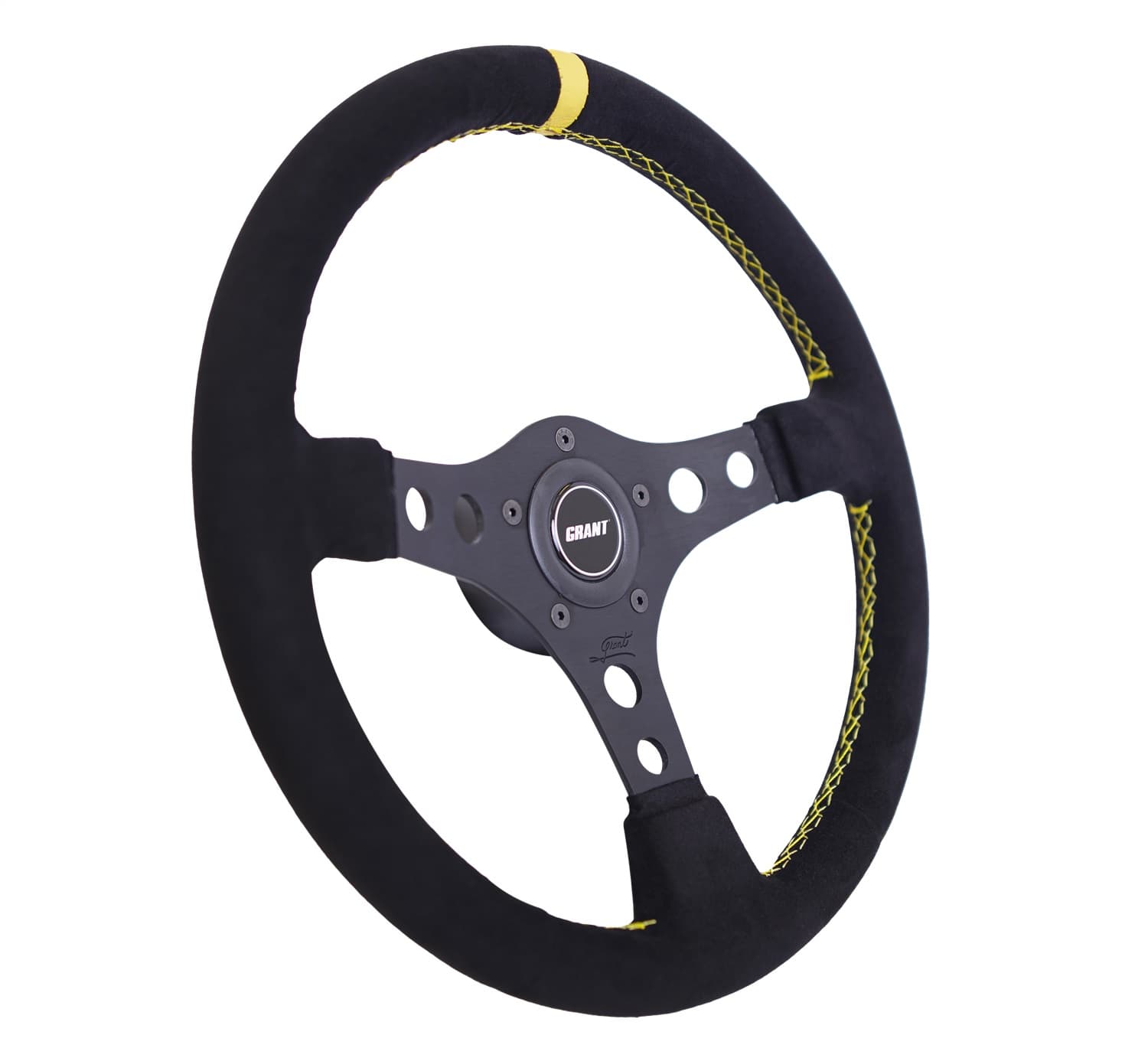 Formula GT Steering Wheel; 14 in. Diameter; 3 1/2 in. Dish; Black Suede Wheel w/Yellow Center Stripe:3-Spoke Design: 5 or 3 Hole Kit; product image