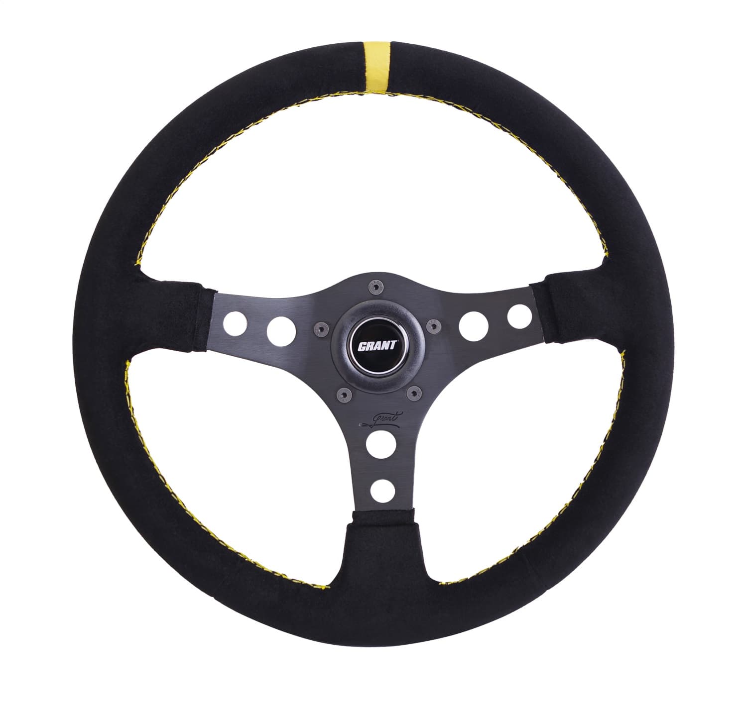 Formula GT Steering Wheel; 14 in. Diameter; 3 1/2 in. Dish; Black Suede Wheel w/Yellow Center Stripe:3-Spoke Design: 5 or 3 Hole Kit; product image