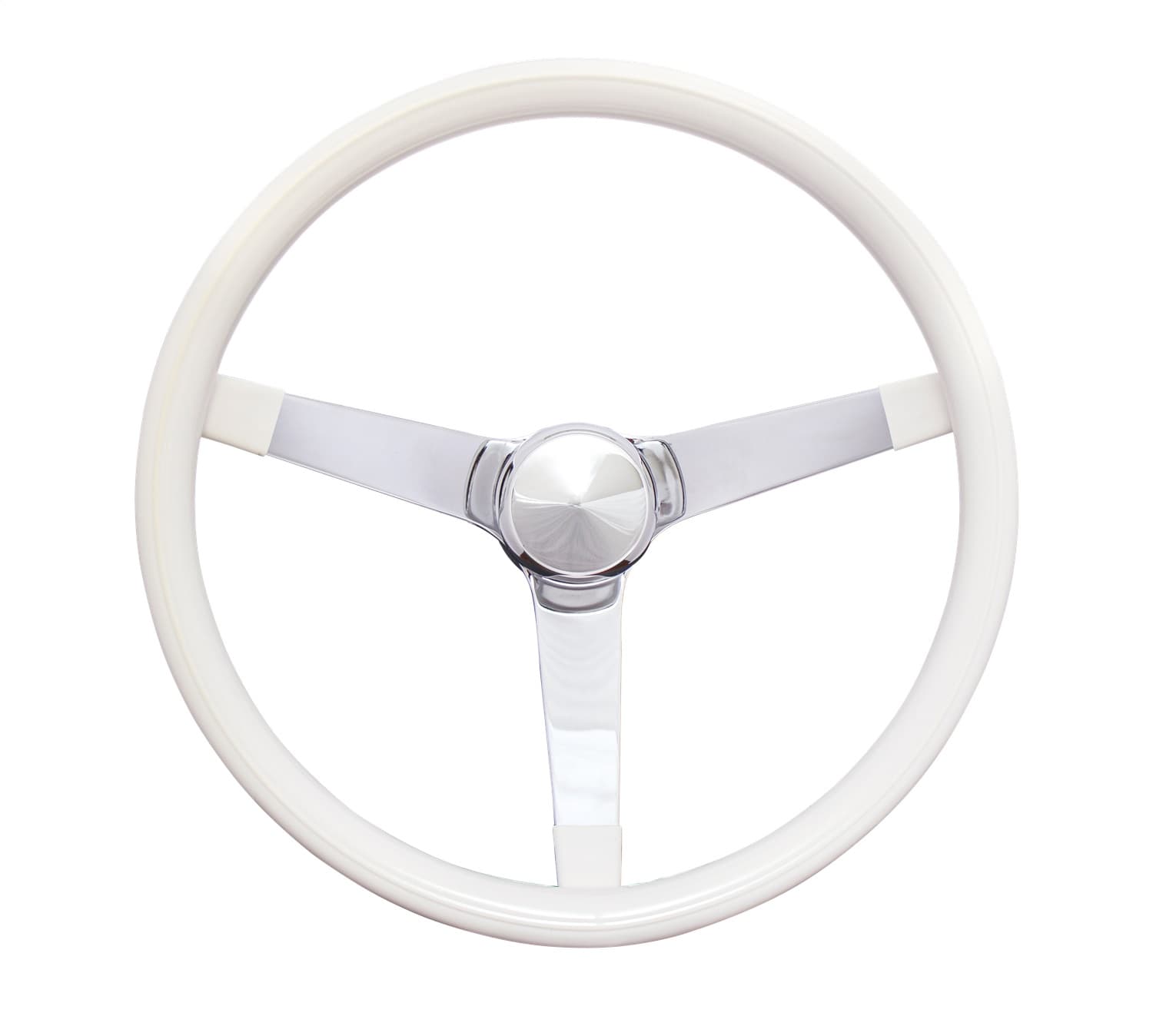 Classic Series Steering Wheel; 13 1/2 in. Diameter; 3 1/2 in. Dish; White Grip; Black Foam Cushion Grip; Chrome 3-Spoke Design; product image