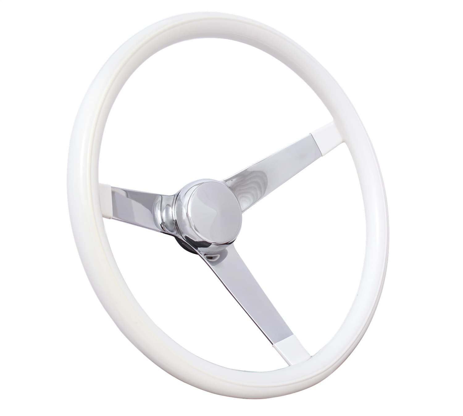 Classic Series Steering Wheel; 13 1/2 in. Diameter; 3 1/2 in. Dish; White Grip; Black Foam Cushion Grip; Chrome 3-Spoke Design; product image