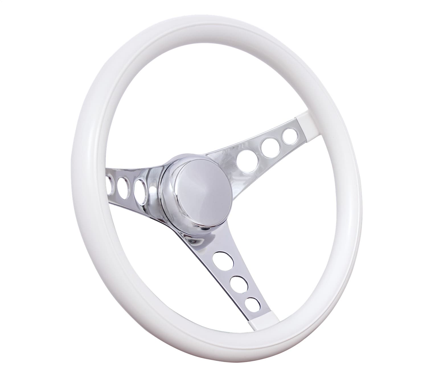 Classic Series Steering Wheel; 13 1/2 in. Diameter; 2 1/2 in. Dish; White Grip; Chrome 3-Spoke Design; product image