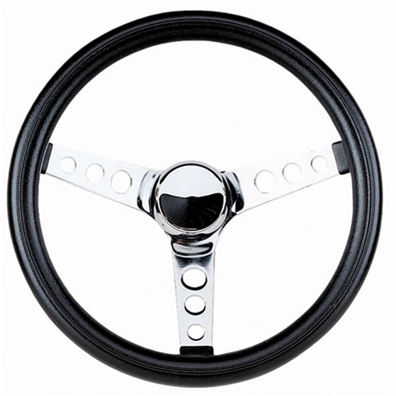 Classic Series Steering Wheel; 12 1/2 in. Diameter; 3 1/2 in. Dish; Black Cushion Grip; Chrome 3-Spoke Design; product image