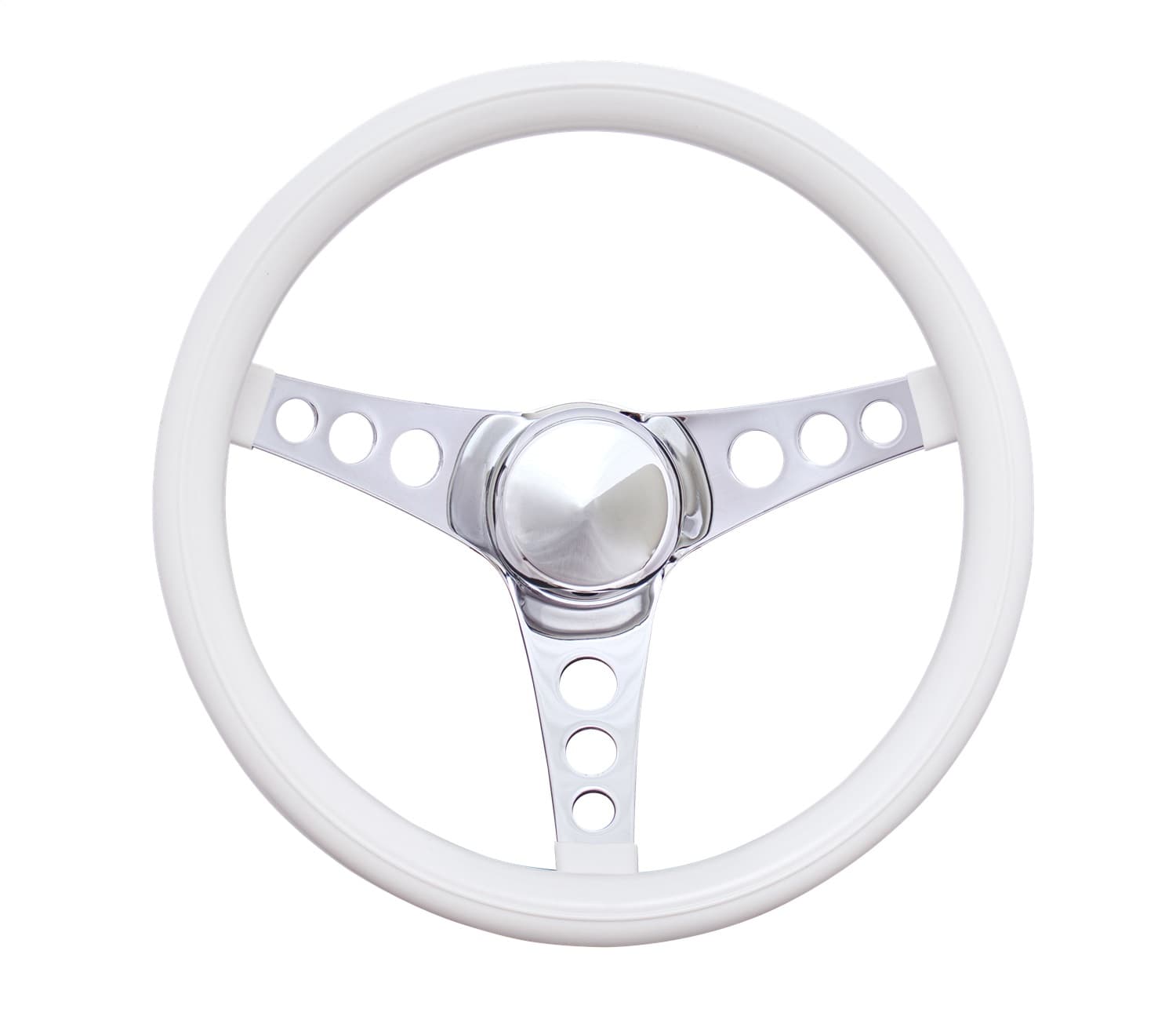 Classic Series Steering Wheel; 12 1/2 in. Diameter; 3 1/2 in. Dish; White Grip; Chrome 3-Spoke Design; product image