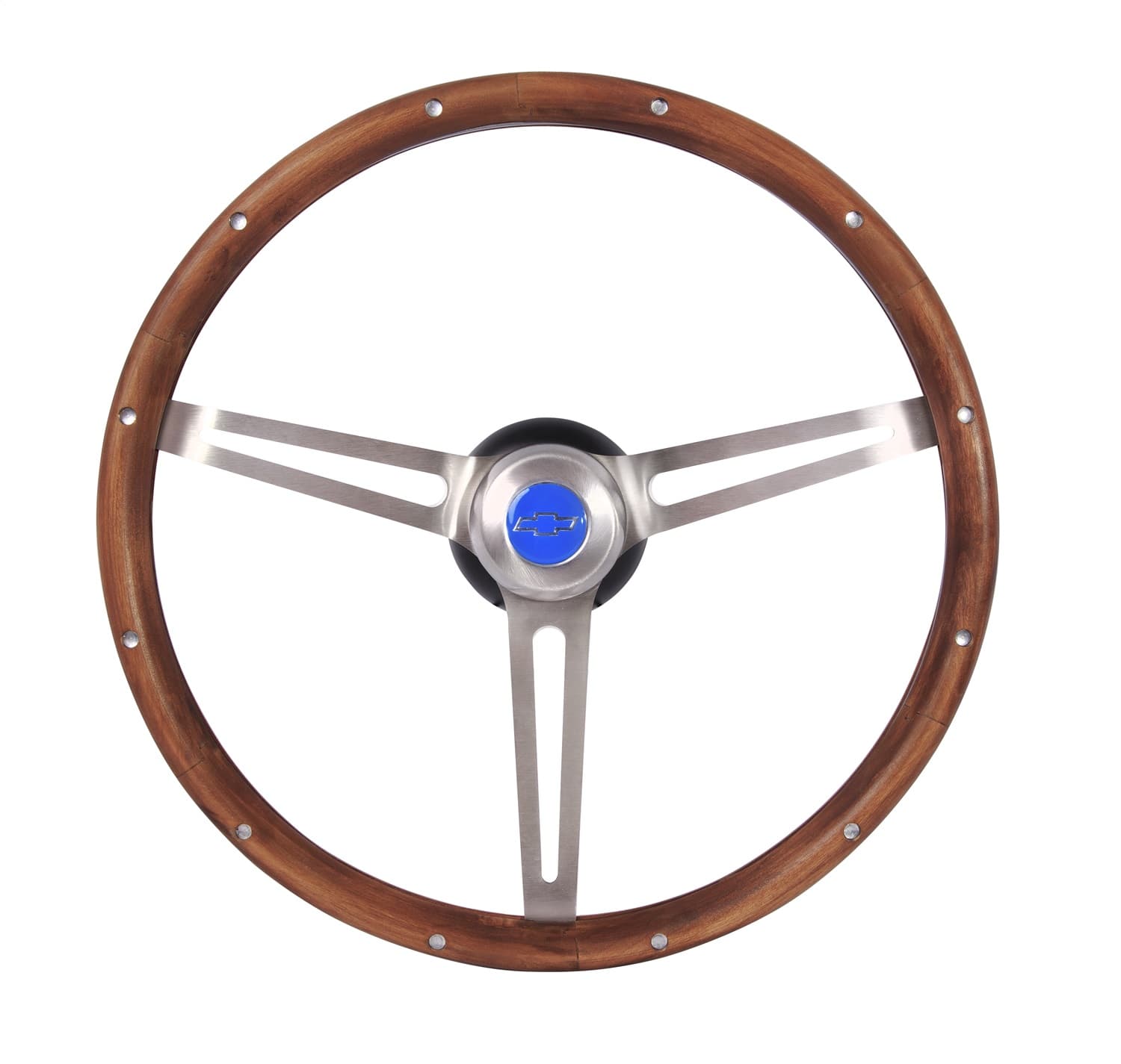 Classic Series Nostalgia Steering Wheel; 15 in. Diameter; Genuine Walnut Finish; Brushed Stainless Steel Slotted 3-Spoke Design; product image