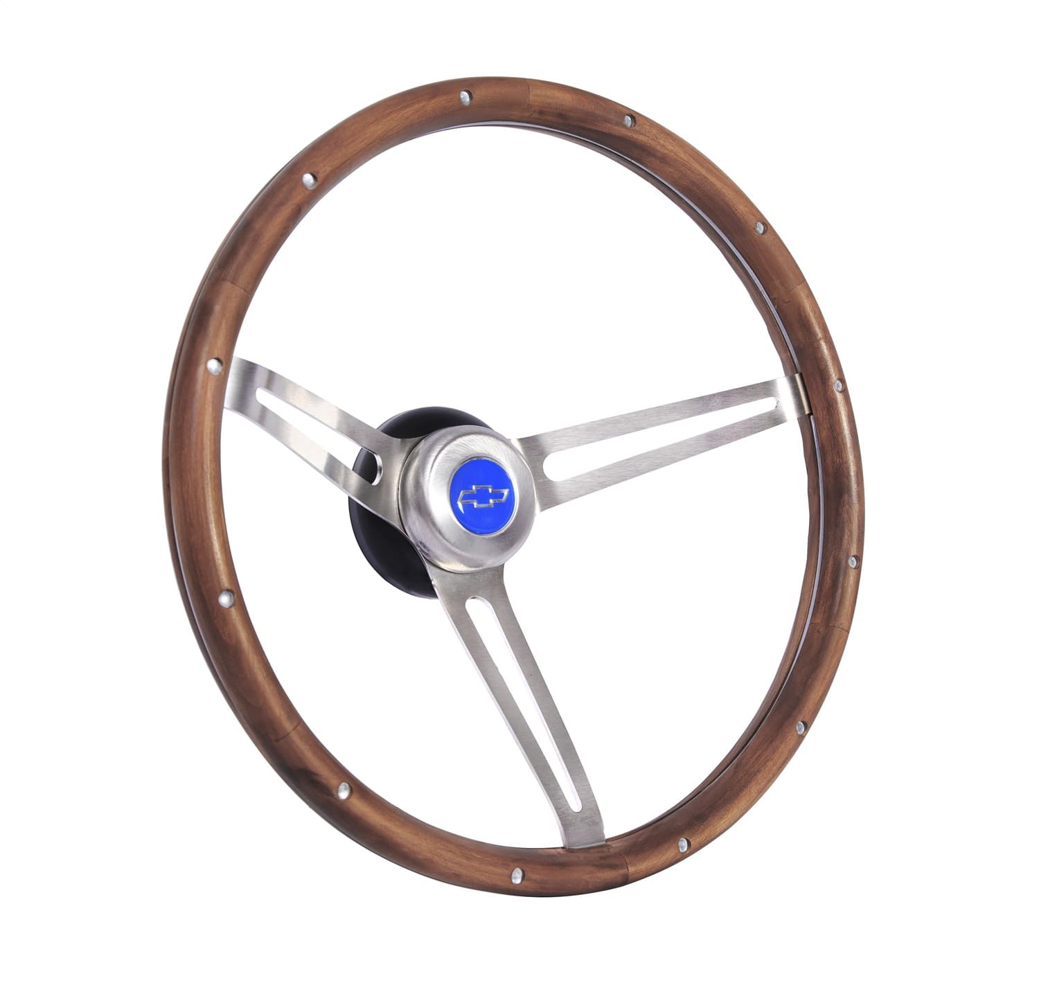 Classic Series Nostalgia Steering Wheel; 15 in. Diameter; Genuine Walnut Finish; Brushed Stainless Steel Slotted 3-Spoke Design; product image