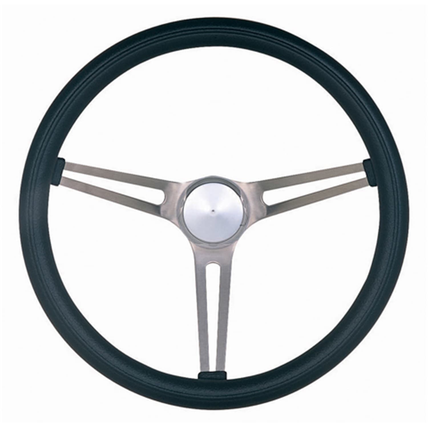 Classic Series Nostalgia Steering Wheel; 15 in. Diameter; 4 1/8 in. Dish; Black Foam Grip; Brushed Stainless Steel 3-Spoke Design; product image