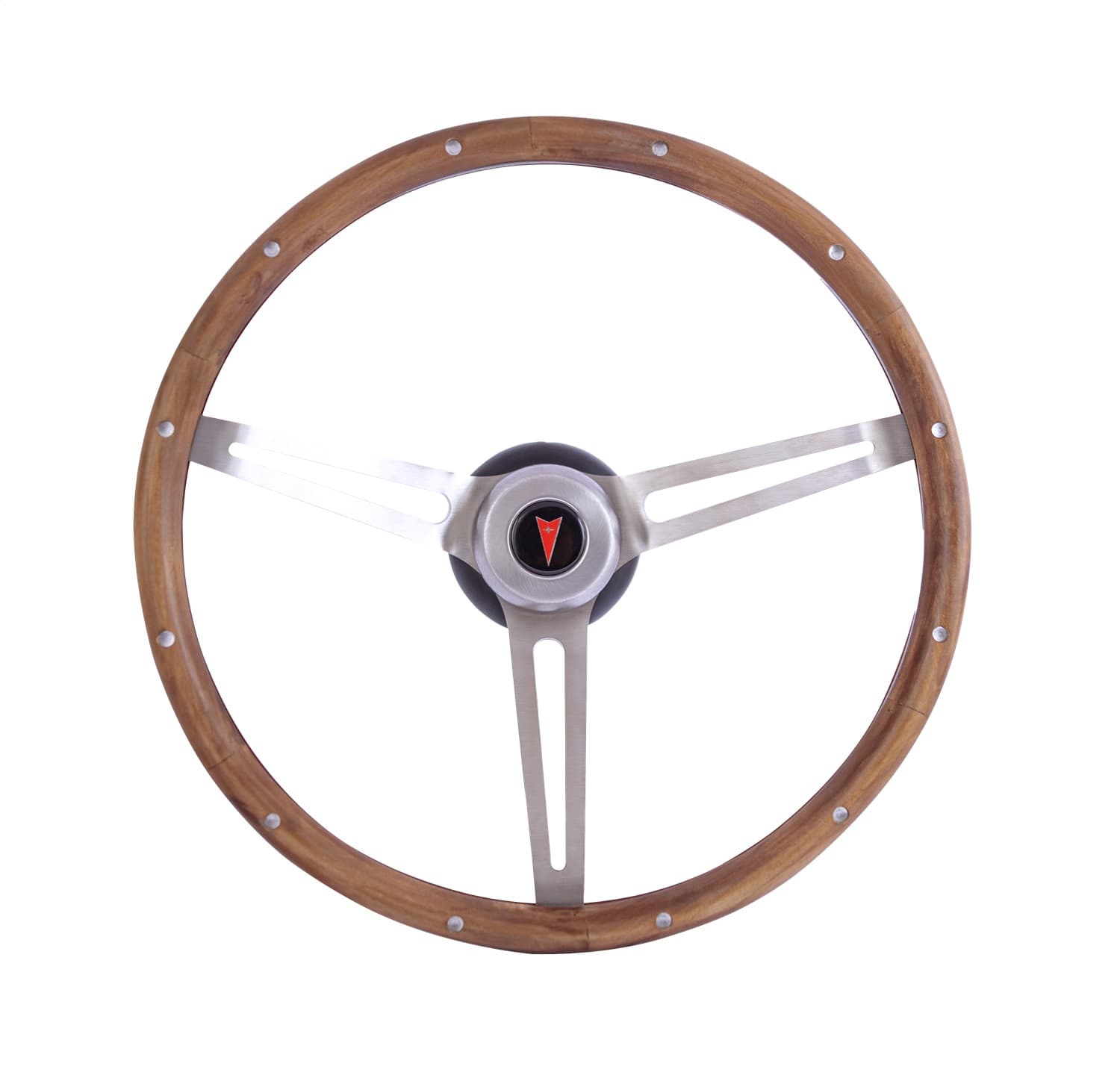 Classic Series Nostalgia Steering Wheel; 15 in. Diameter; Genuine Walnut Finish; Brushed Stainless Steel 3-Spoke Design; For Use With Pontiac; product image